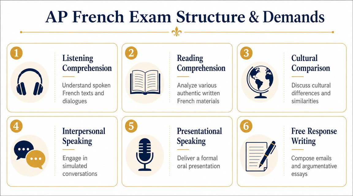 A visual guide outlining the six core sections and skills of the AP French language exam structure.
