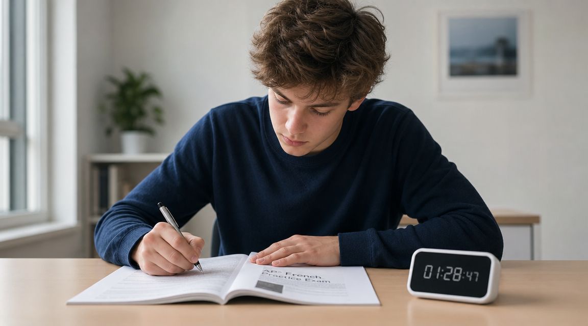 A young student diligently taking notes while studying for his AP French language practice exam at a desk.