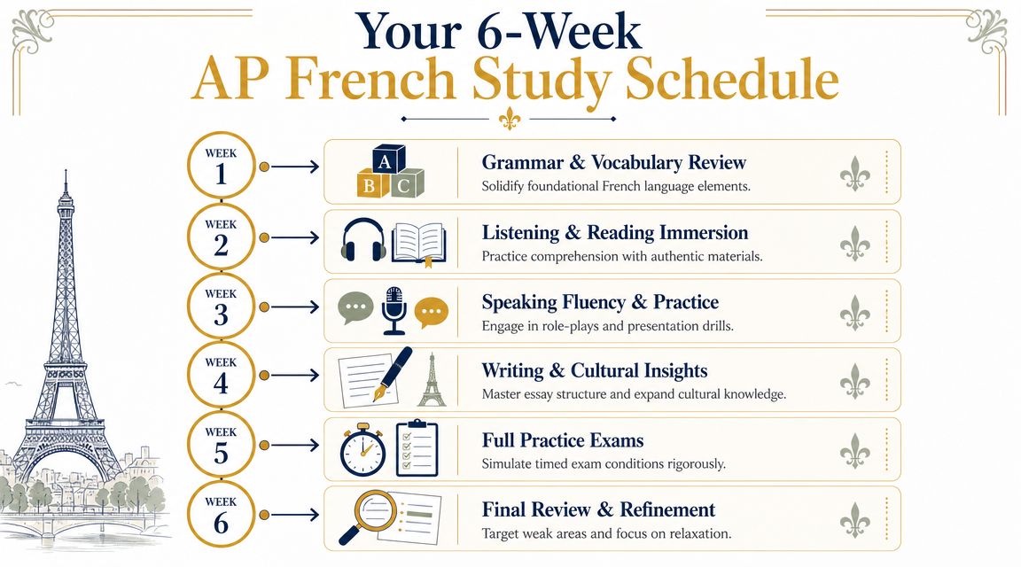 A six-week AP French study schedule infographic featuring weekly study topics and French-themed illustrations.