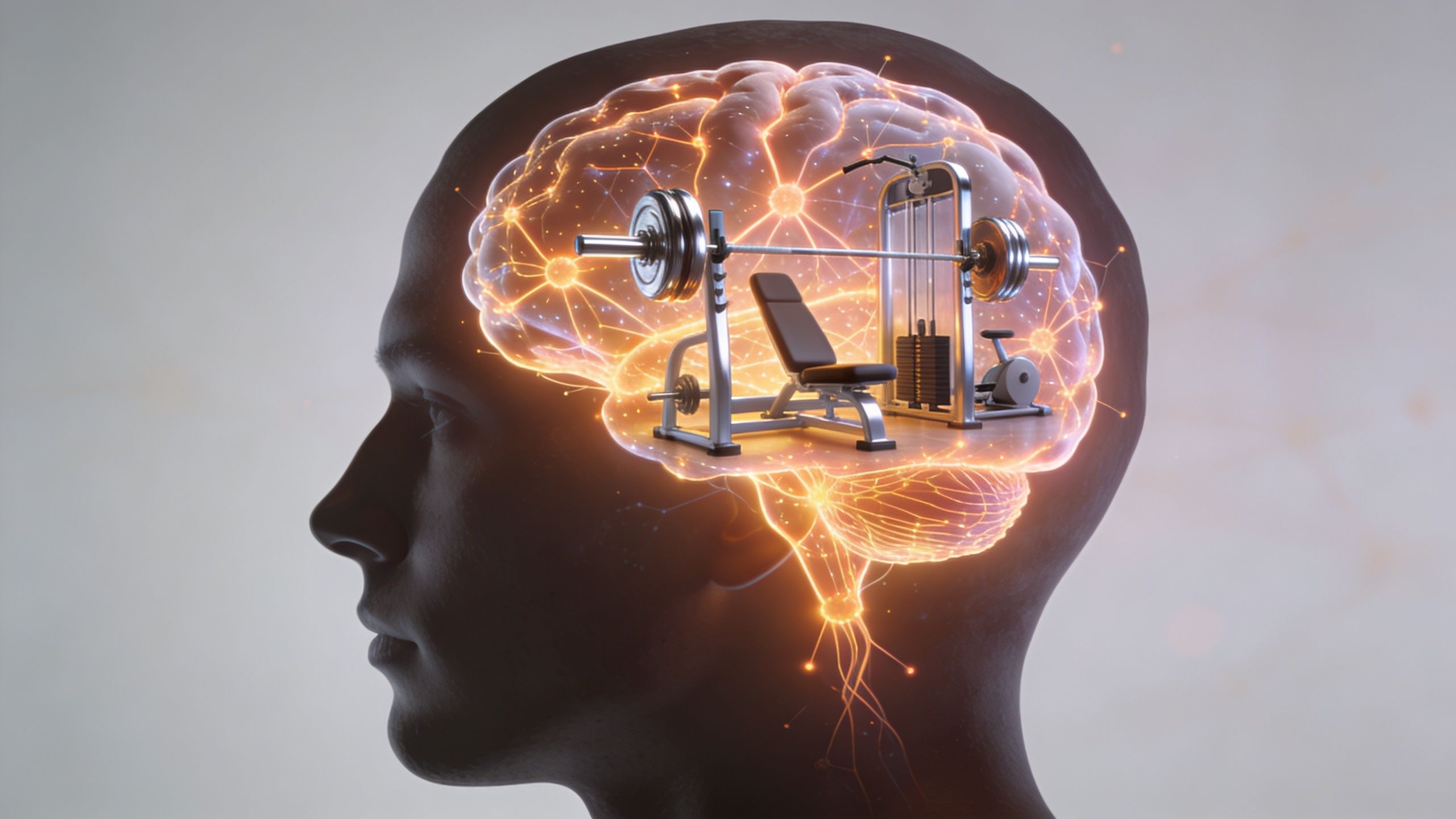 A digital illustration of a human head silhouette featuring a glowing brain containing gym exercise equipment.