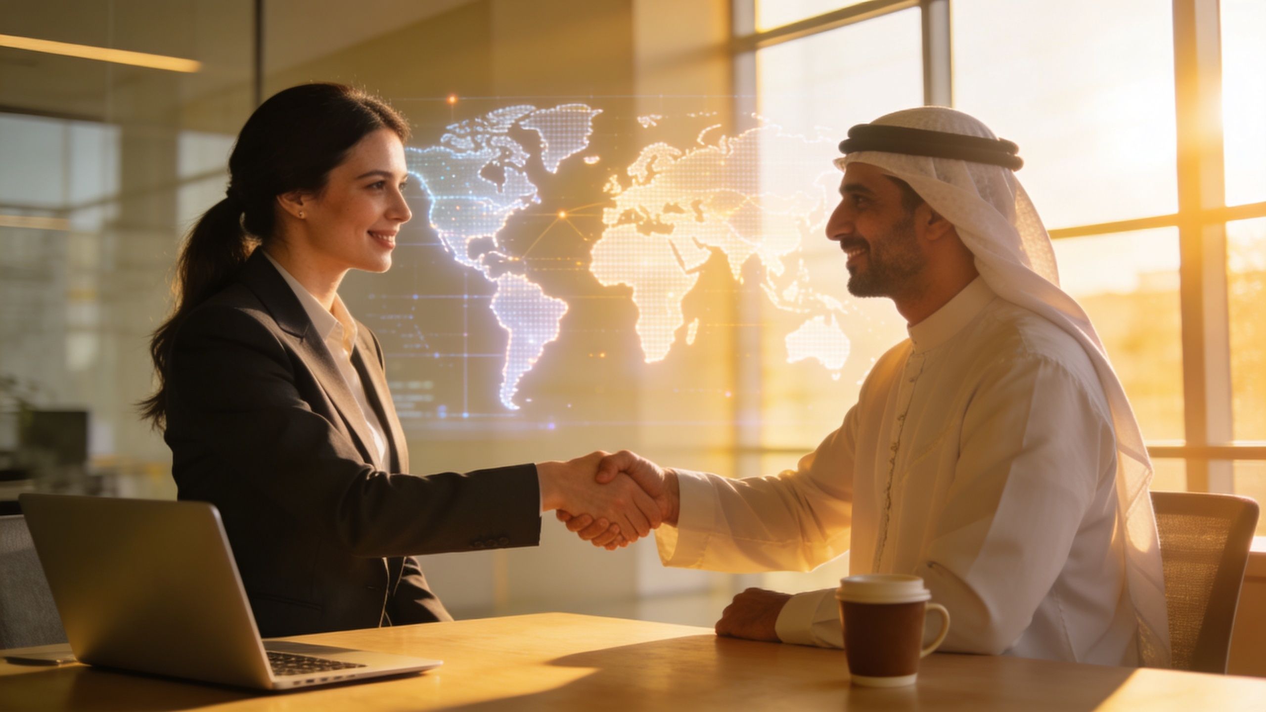 A professional woman and a man in traditional attire shaking hands in front of a global map