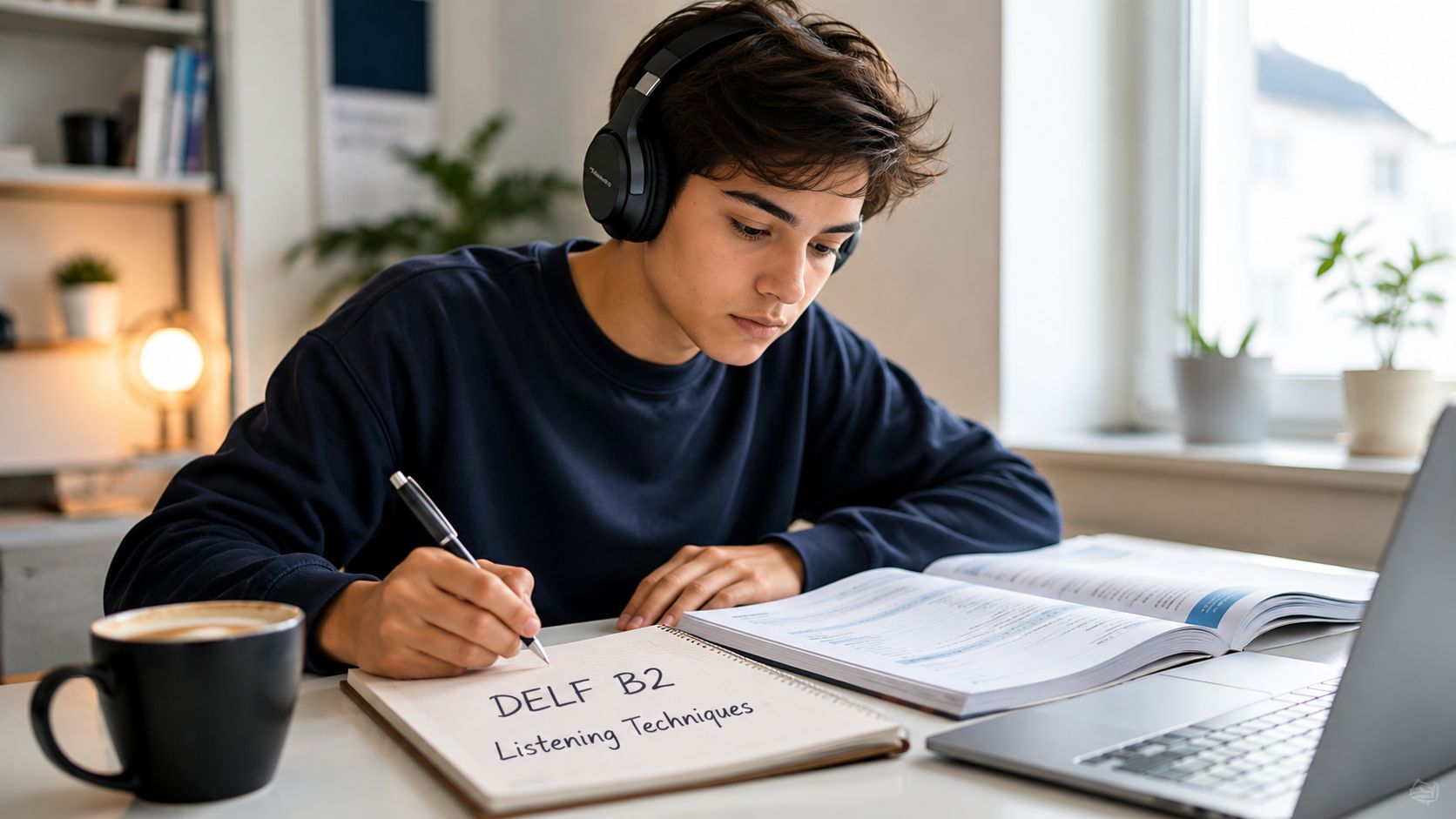 A young student wearing headphones writes study notes for the DELF B2 listening exam at a desk.