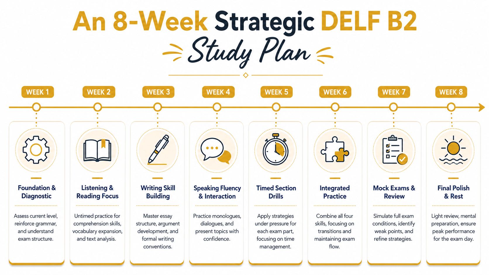 An eight-week strategic study plan timeline for preparing for the DELF B2 French language proficiency exam.