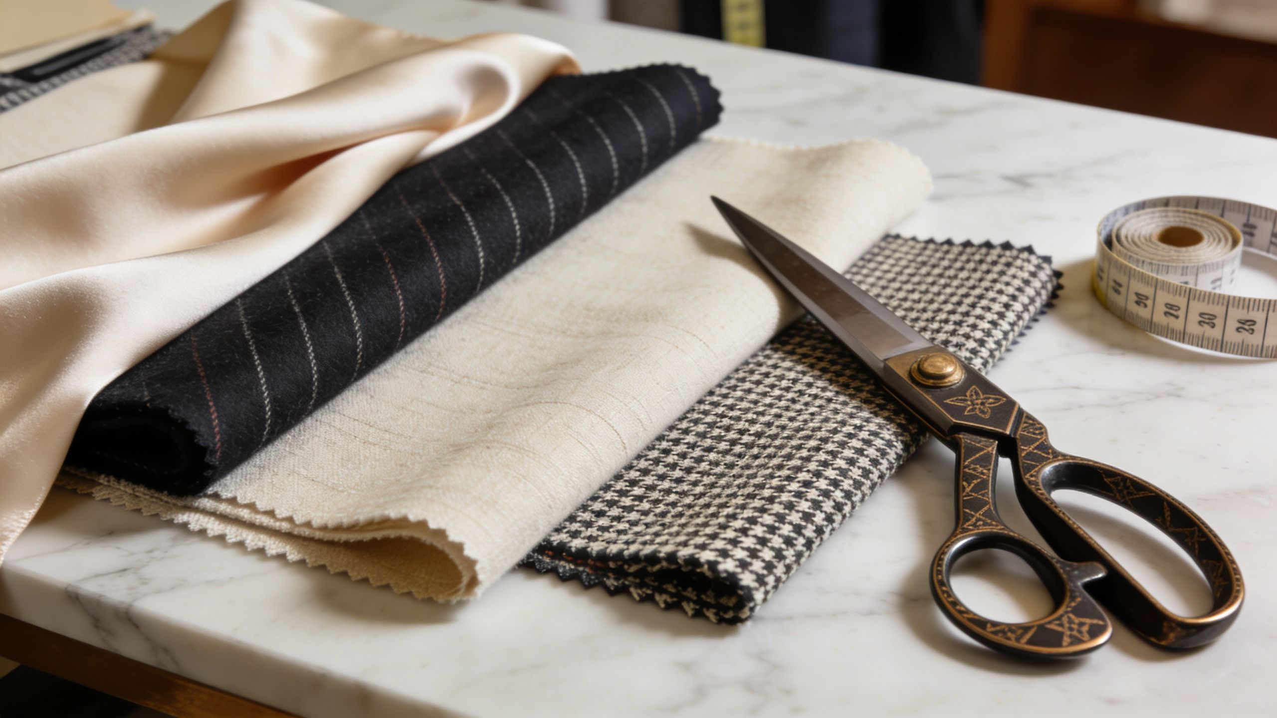 Various fabric swatches including silk, striped wool, and houndstooth tweed with tailor scissors and a tape measure.