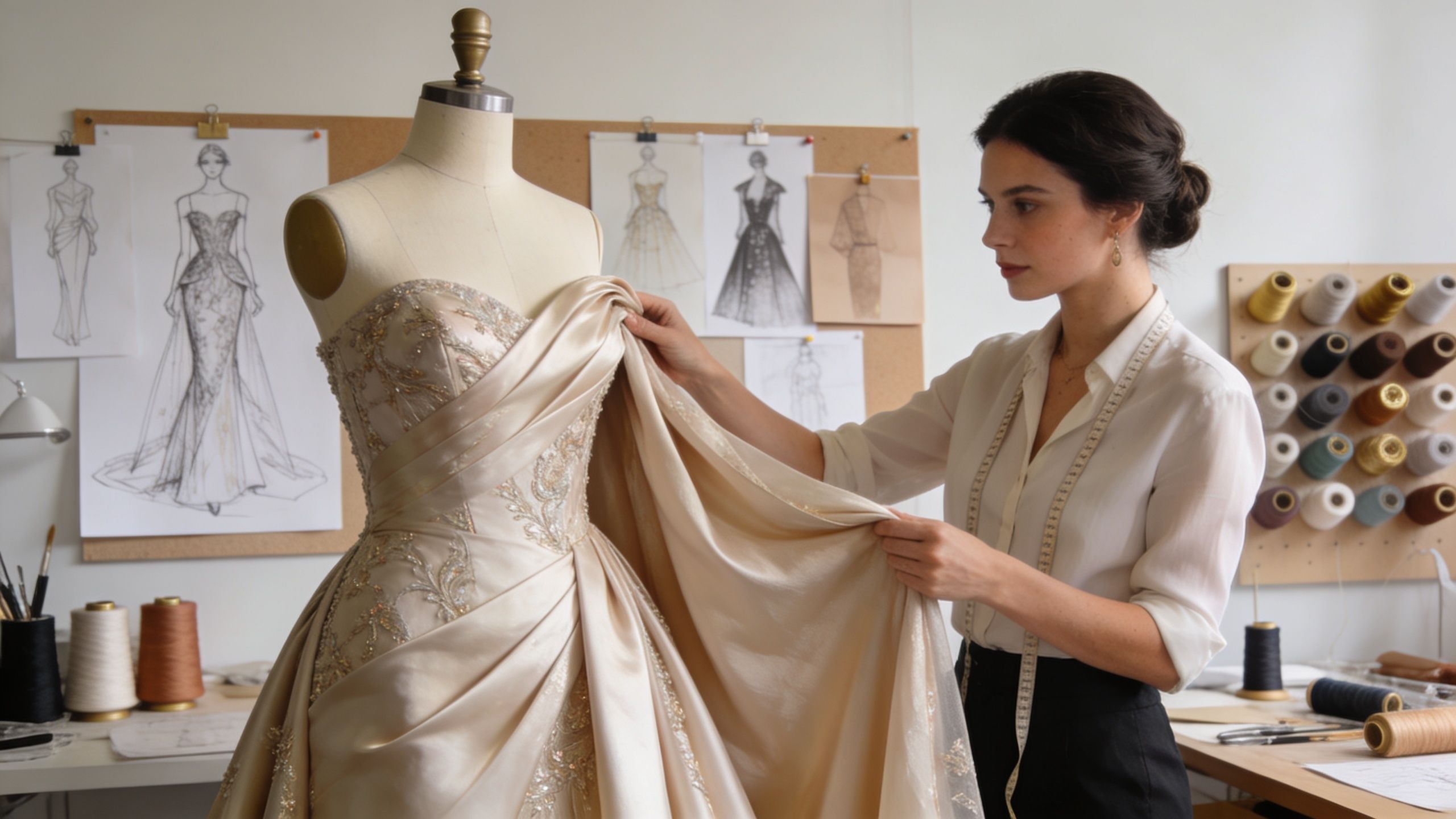A professional fashion designer adjusting a detailed beige bridal gown on a dress form in her studio.