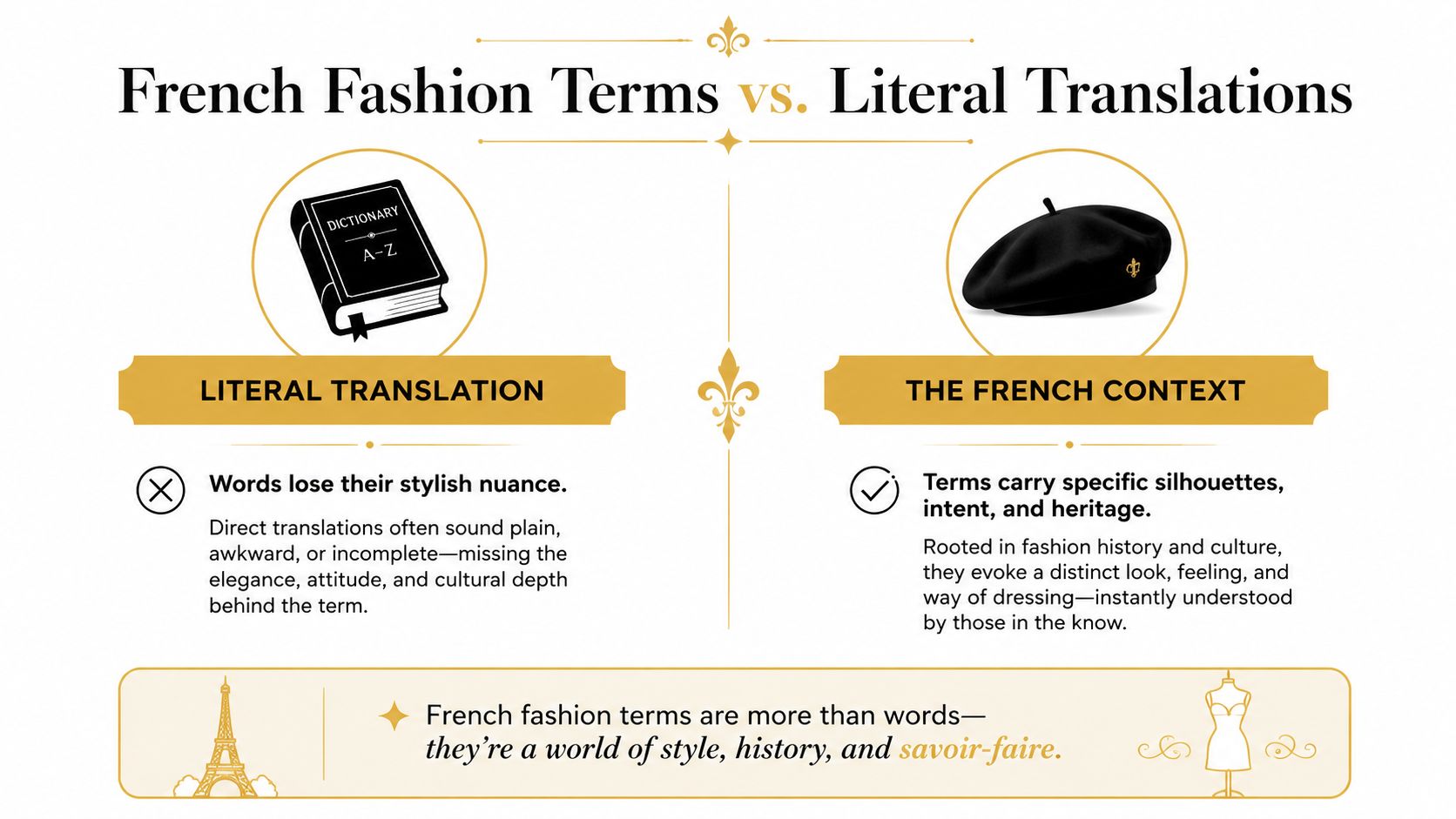 An infographic titled French Fashion Terms versus Literal Translations, comparing the difference between direct translations and cultural context.