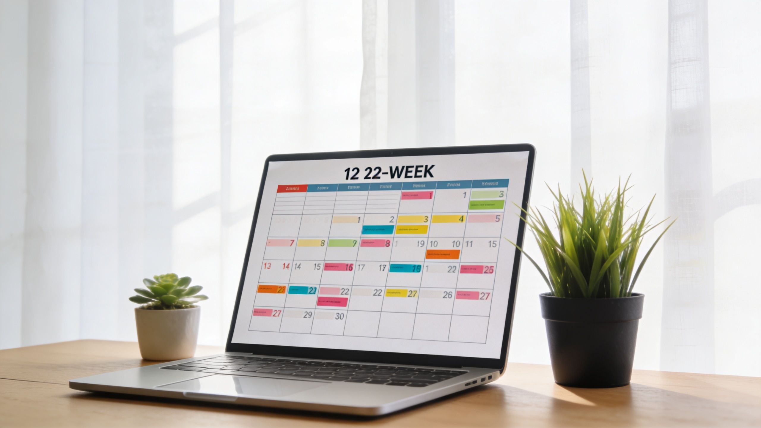 A laptop on a wooden desk displaying a colorful weekly calendar schedule near small potted plants.