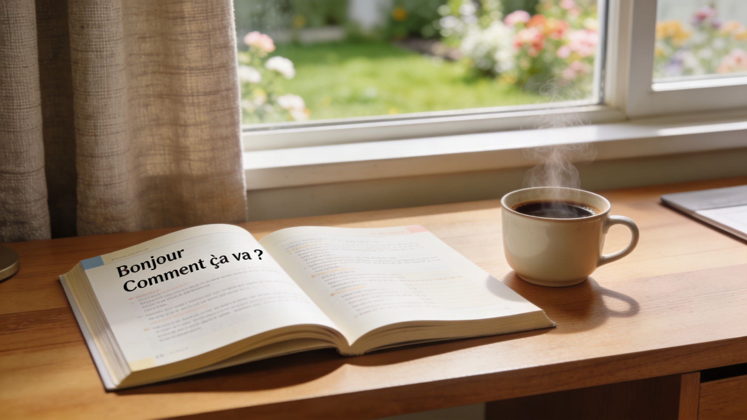 An open textbook with French text sits on a wooden desk beside a steaming cup of coffee.