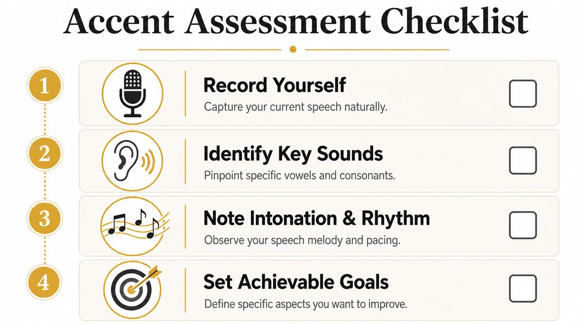 A four-step accent assessment checklist with icons for recording, listening, rhythm, and setting improvement goals.