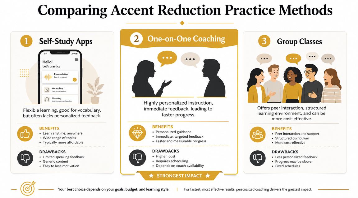 A comparison infographic showing the pros and cons of self-study apps, one-on-one coaching, and group classes.