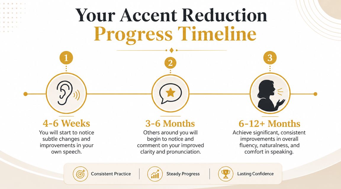 A timeline graphic illustrating the stages of accent reduction progress over a period of 12 months.