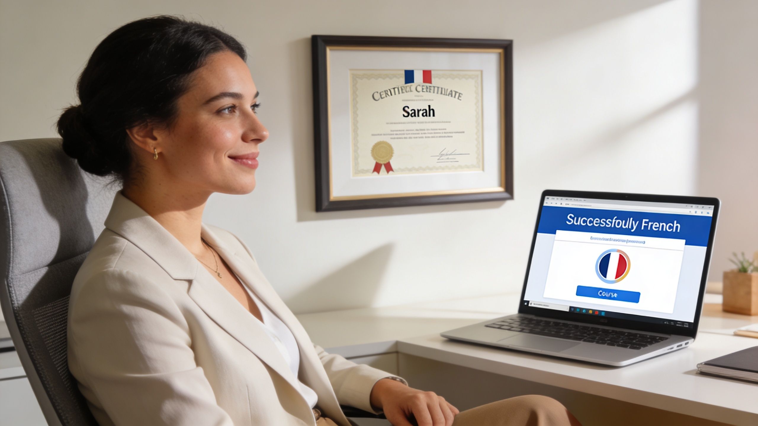 A professional woman smiles proudly in her office next to a French language certificate and laptop.