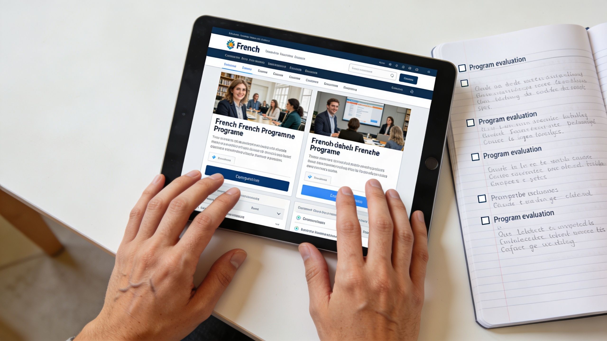 A person using a tablet to view online French language programs with study notes on the side.