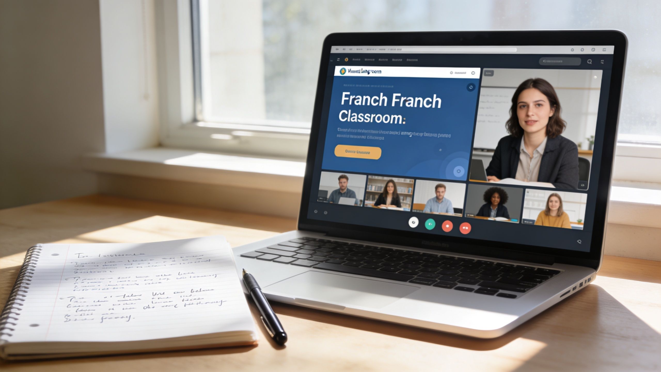 A laptop open on a wooden desk displaying an online French classroom video conference with students.