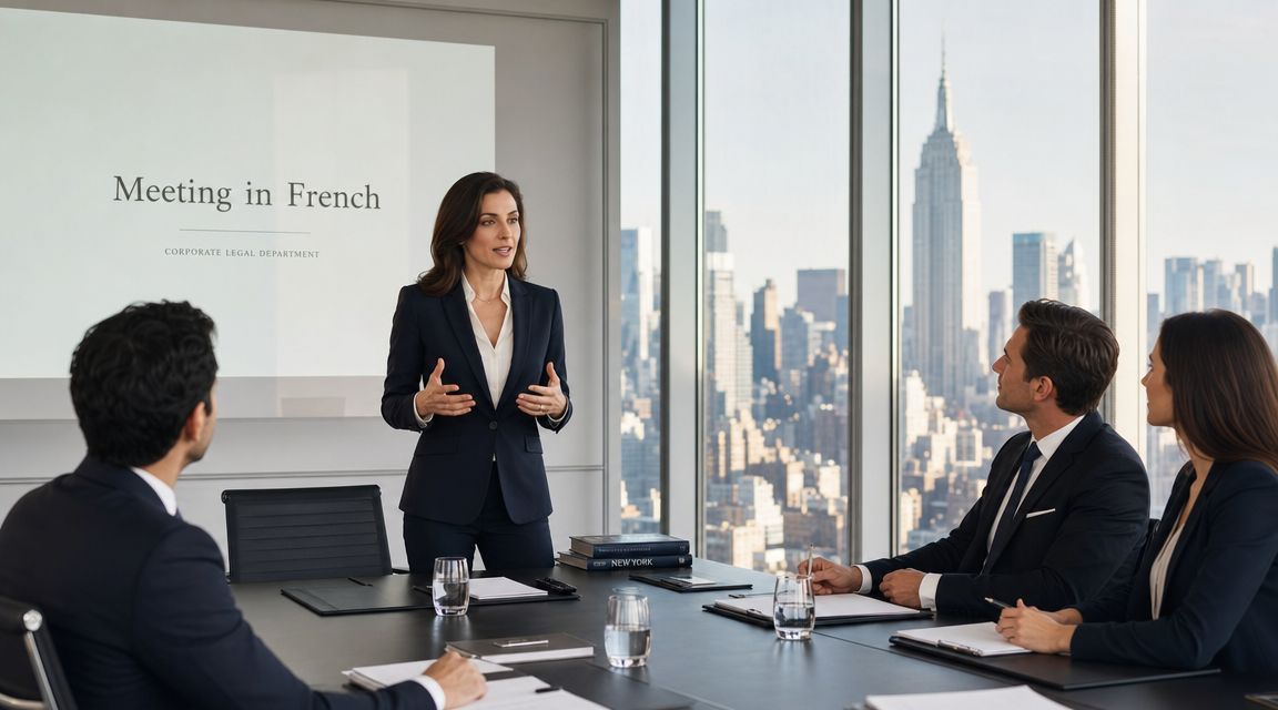 A professional woman in a suit presenting to colleagues in a modern office with New York City views.