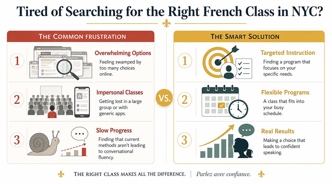A comparison chart showing common frustrations when finding French classes in NYC versus smart, effective solutions.