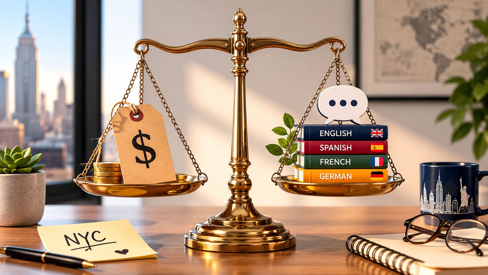 A golden scale balancing a dollar sign price tag with a stack of language books in an office.