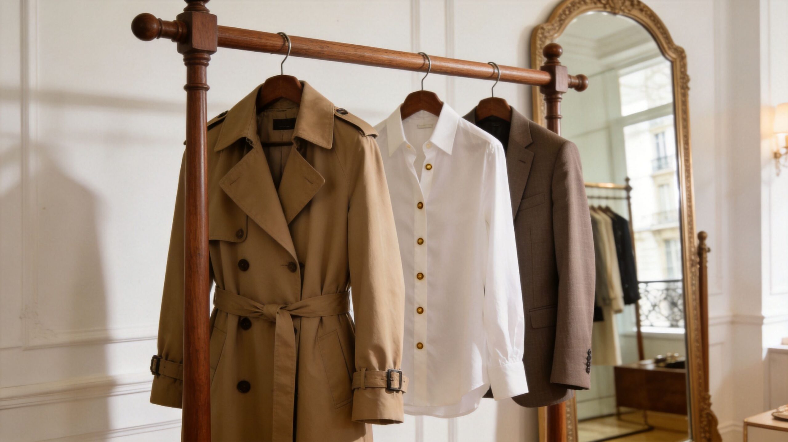 A wooden clothing rack displays a beige trench coat, a crisp white button-down shirt, and a brown blazer.