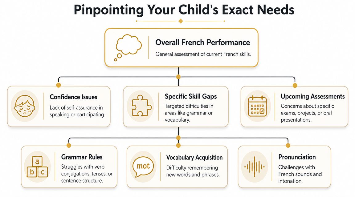 A flowchart detailing factors to consider when assessing a child's educational needs in French language learning.