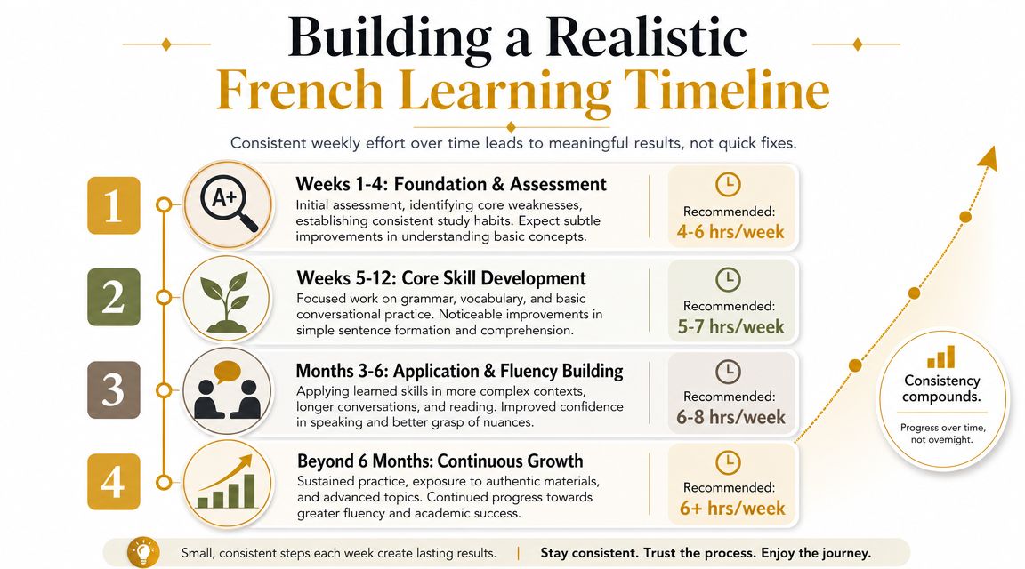 A structured timeline infographic displaying the recommended weekly study hours for learning French over six months.
