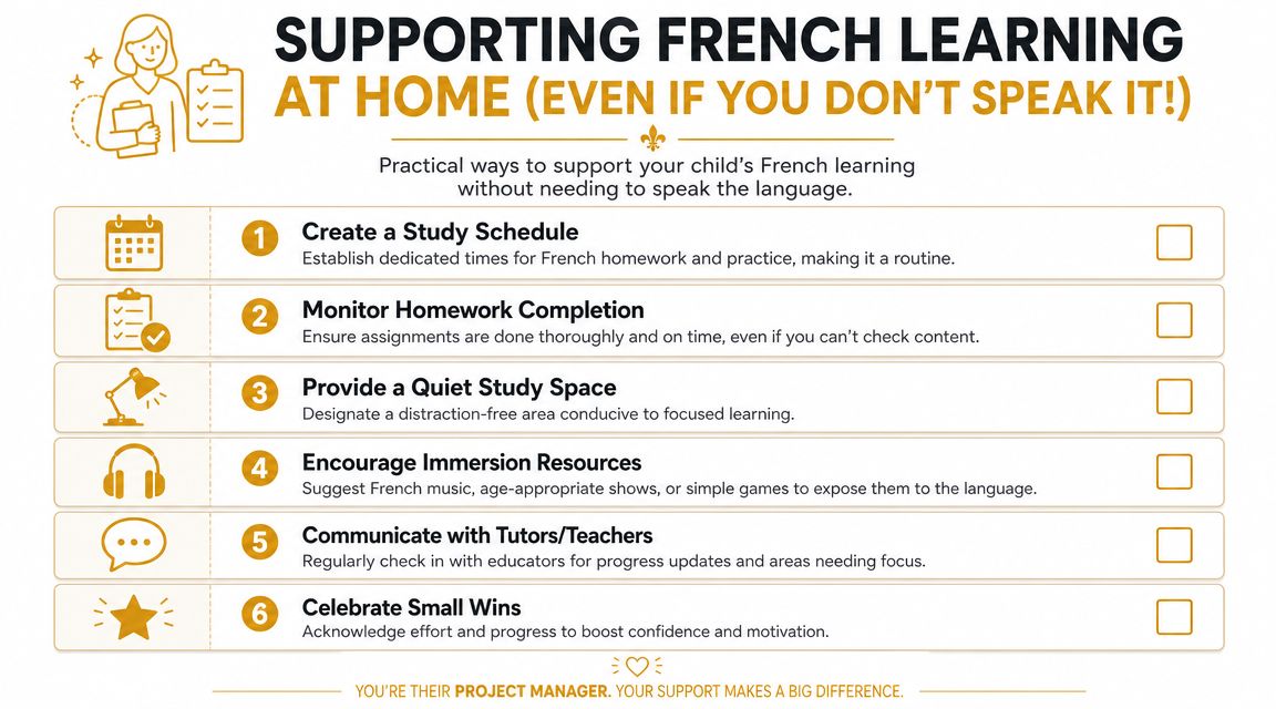An infographic titled Supporting French Learning at Home, listing six practical tips for parents to support their children.
