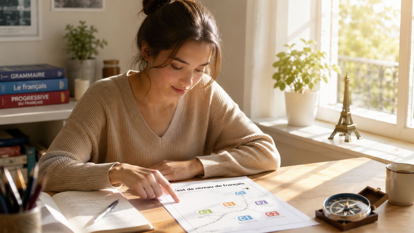 A young woman sitting at a desk reviewing a French placement test document in a sunlit room.
