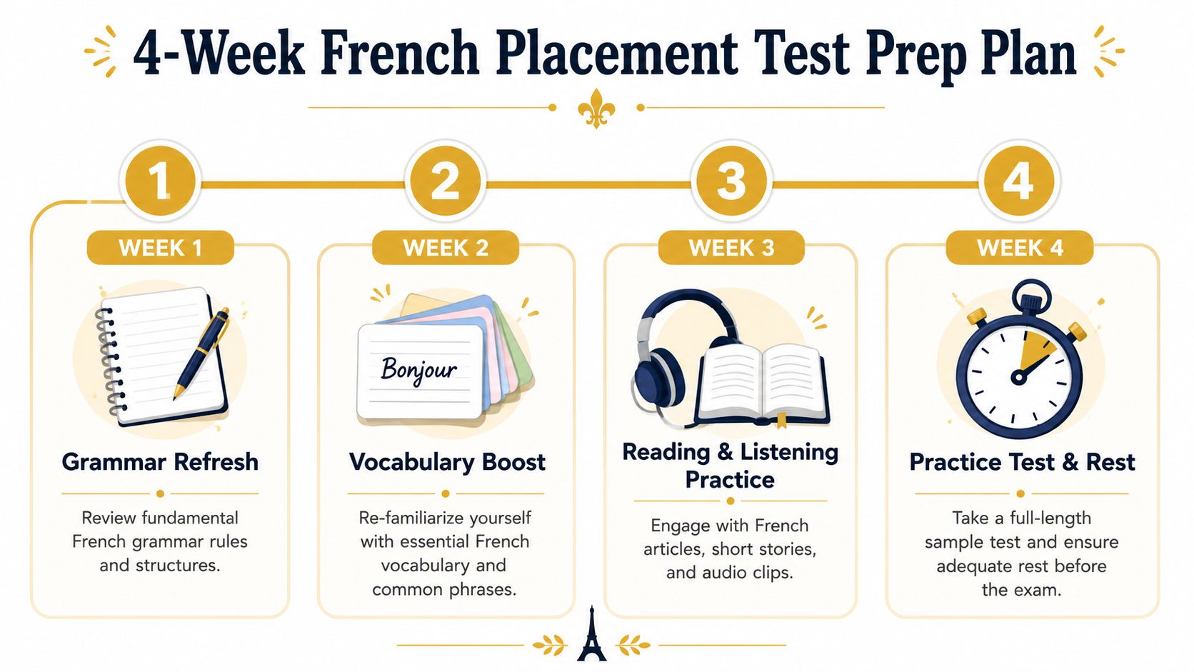 A four-week French placement test study plan infographic featuring weekly goals from grammar to practice exams.