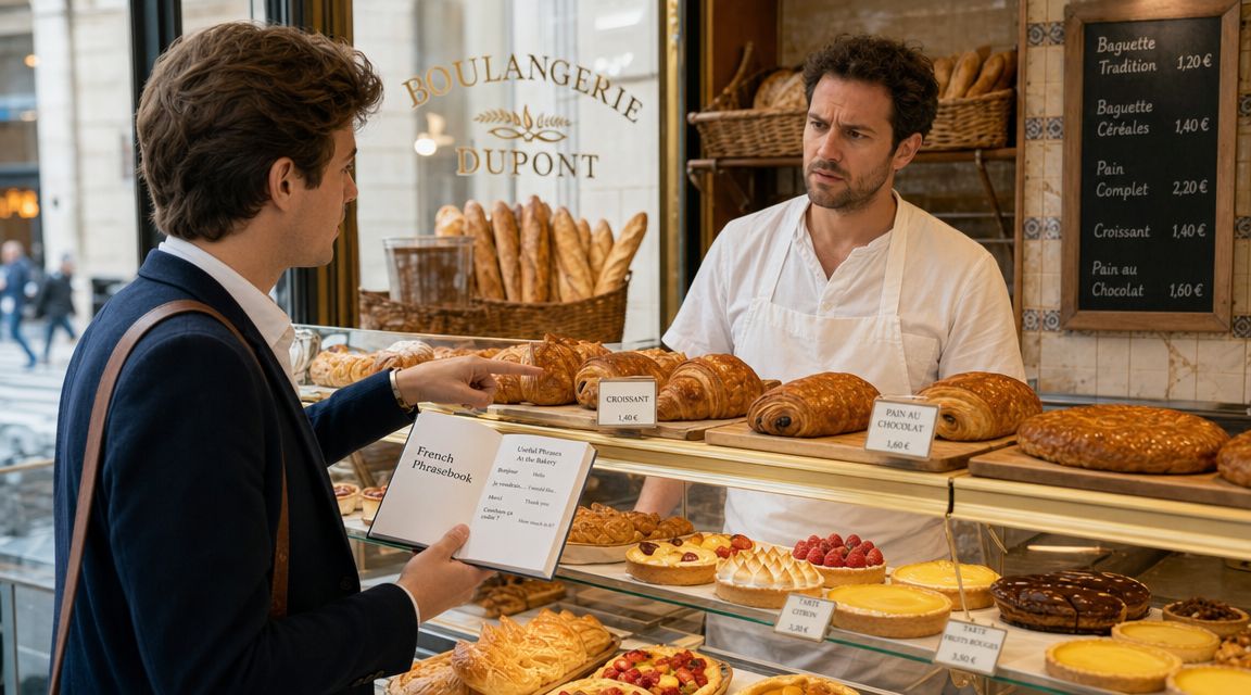 A man holds a French phrasebook while ordering a croissant from a baker at a Parisian bakery.