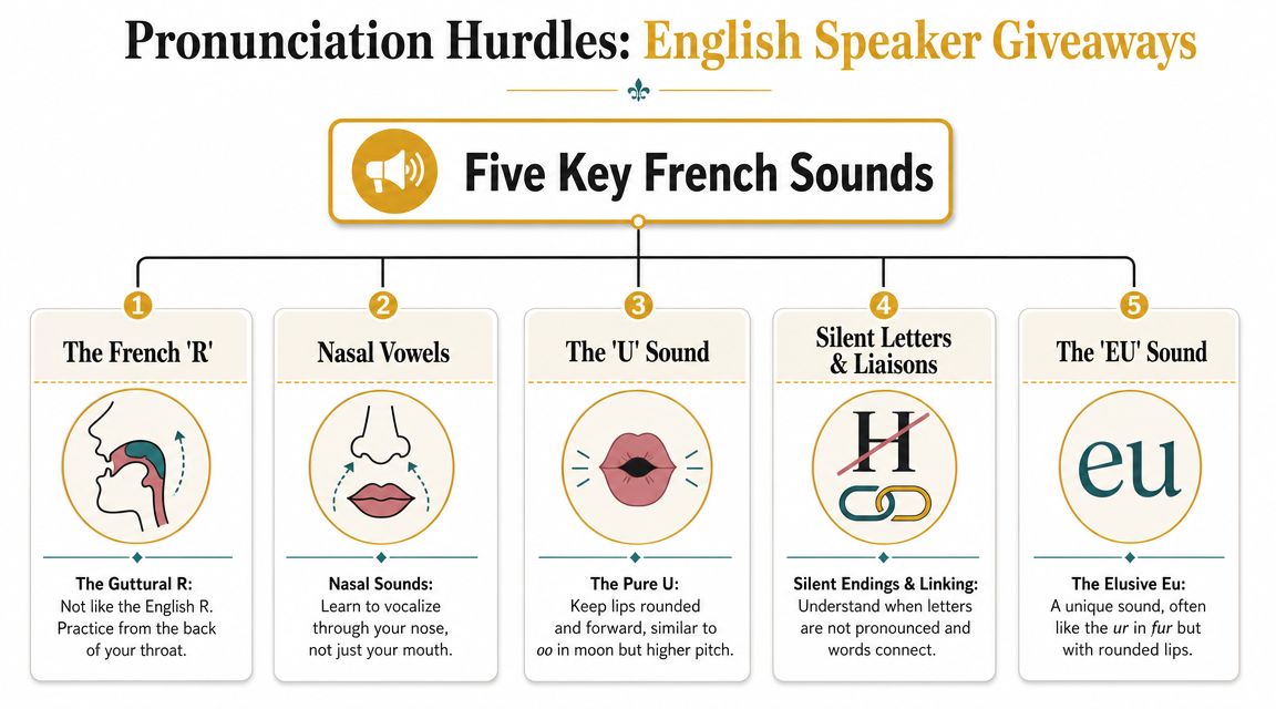 An infographic titled Five Key French Sounds illustrating common pronunciation challenges for native English speakers.