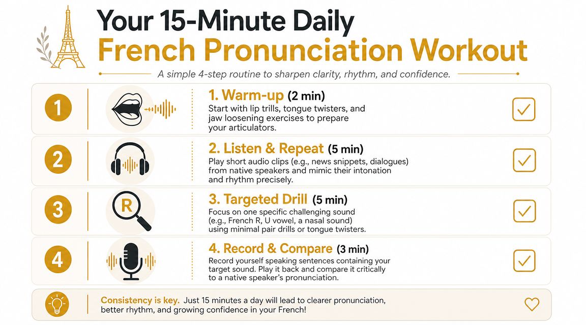 An infographic detailing a 15-minute daily routine to improve French pronunciation for language learners.