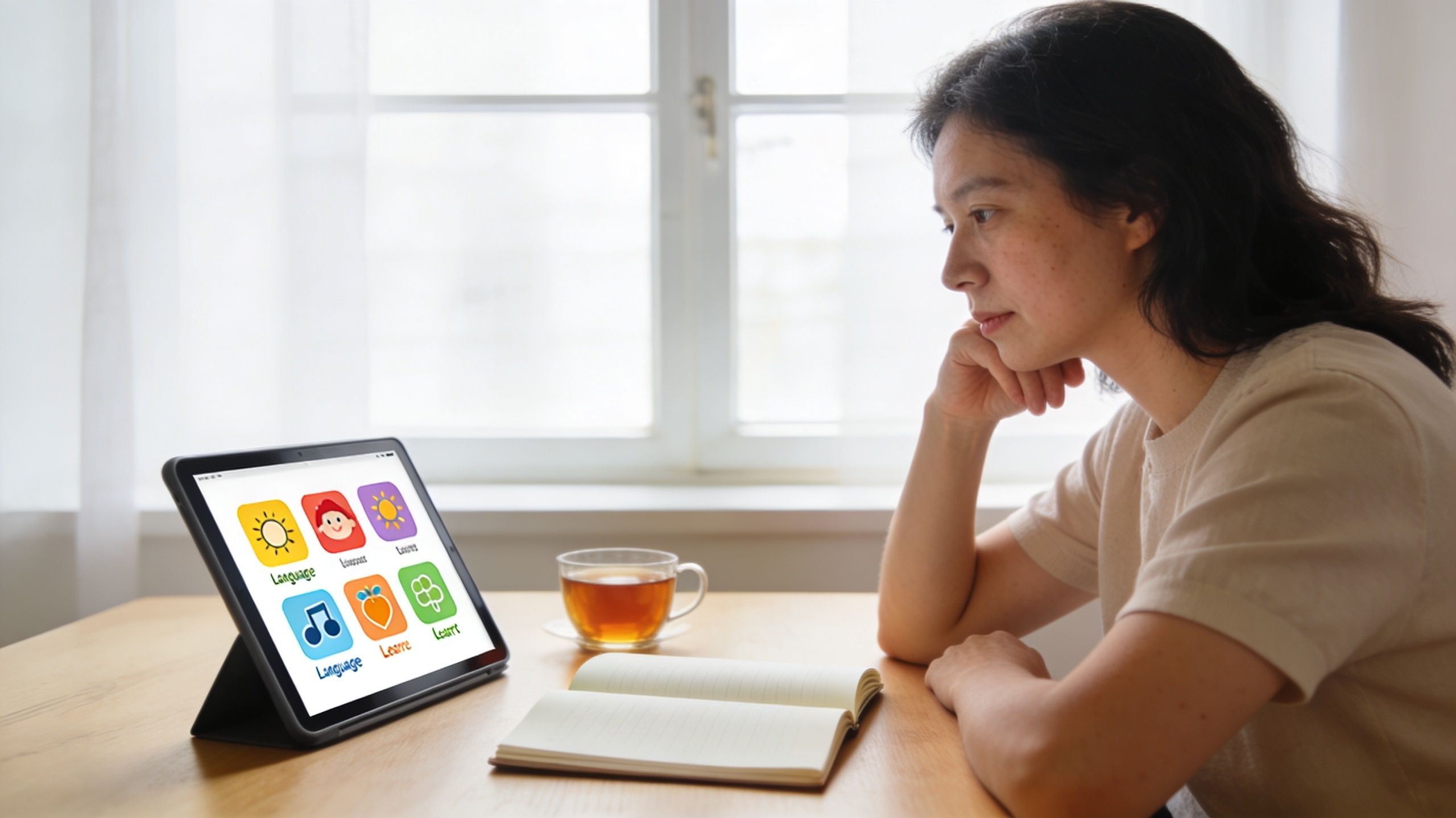 A woman sits at a table looking at a tablet displaying colorful educational app icons for children.