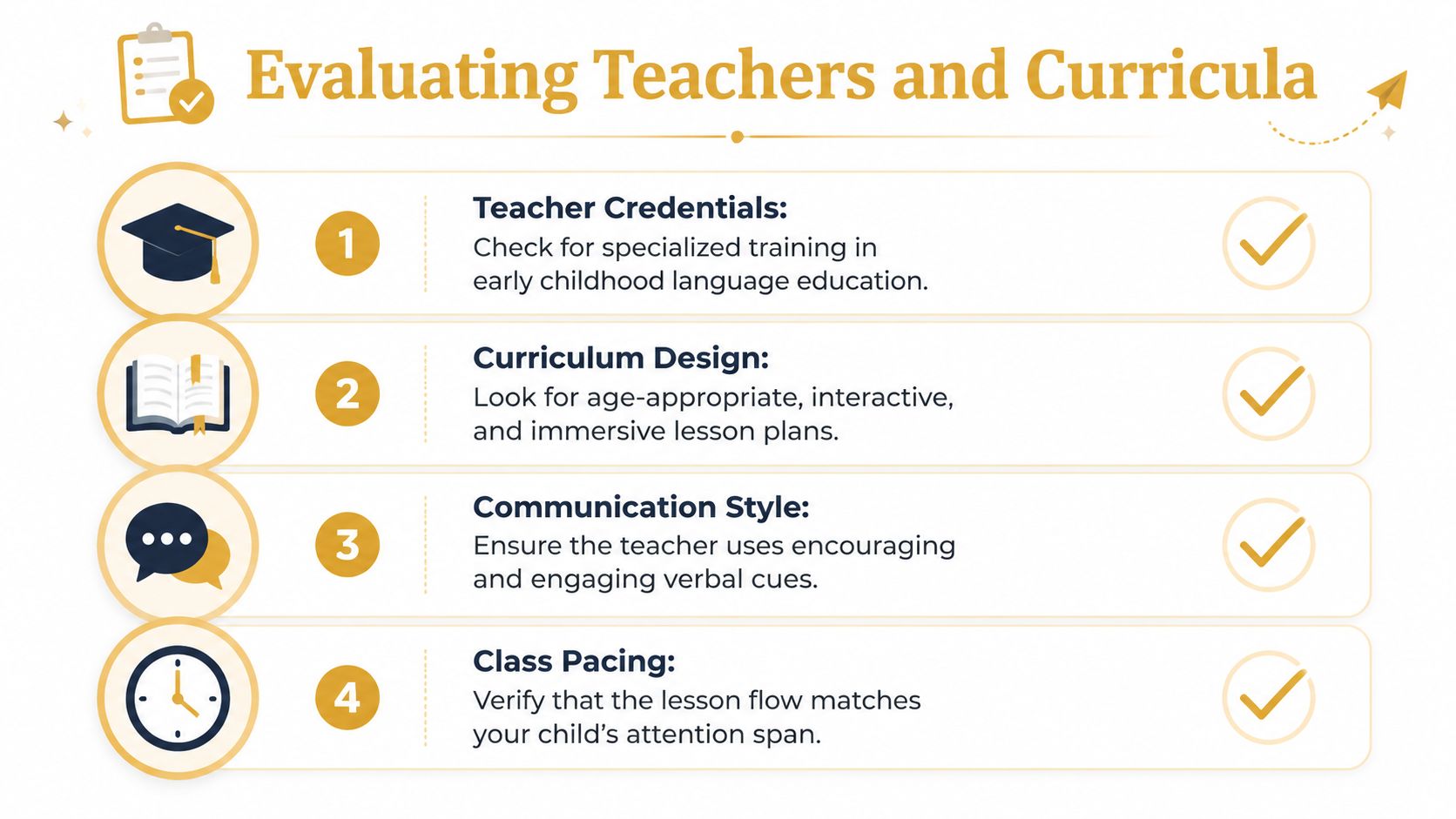 A list of four key factors for parents to evaluate when choosing kids language classes and programs.