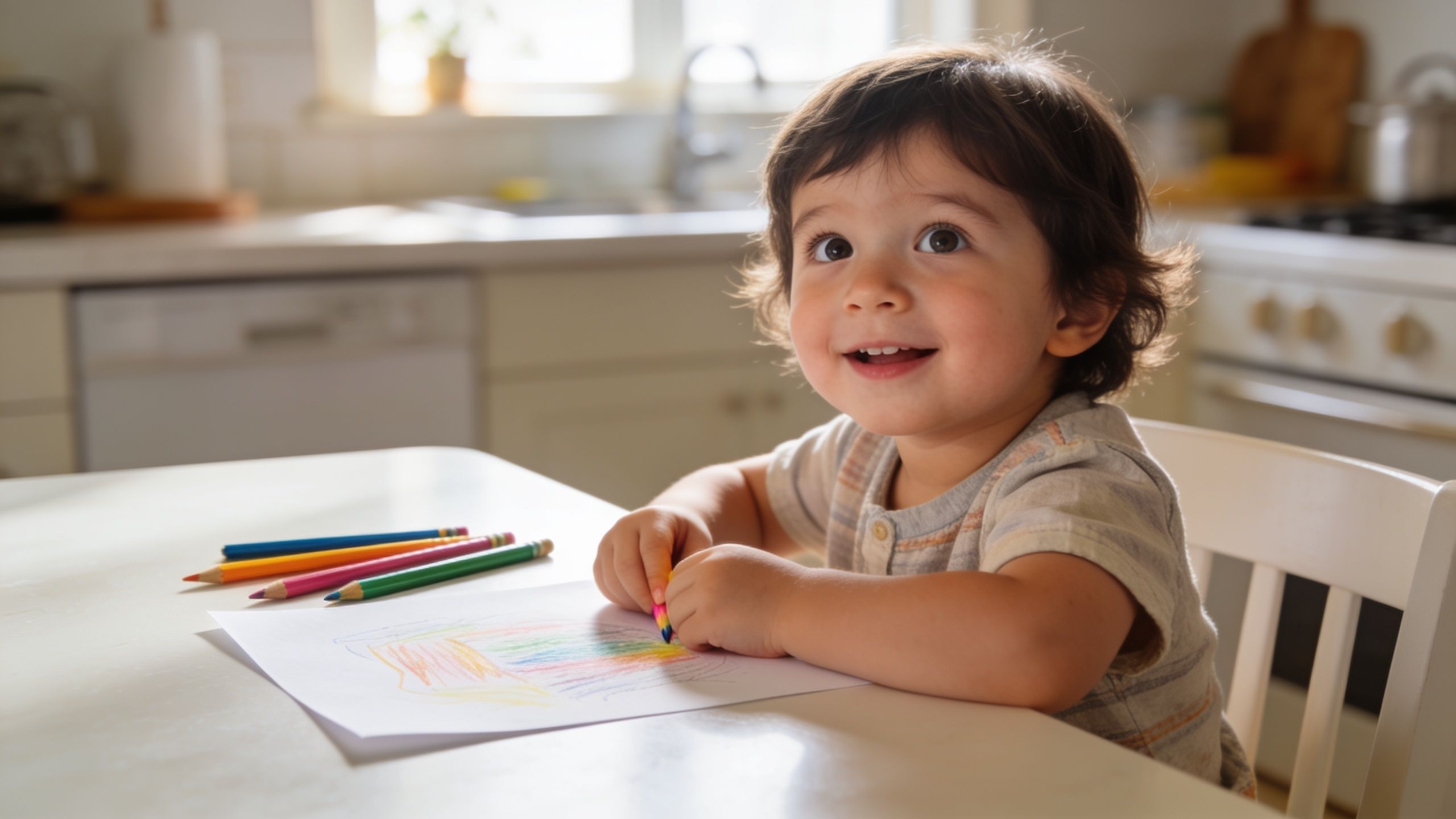 A happy toddler smiling while drawing colorful scribbles on a white piece of paper at home.