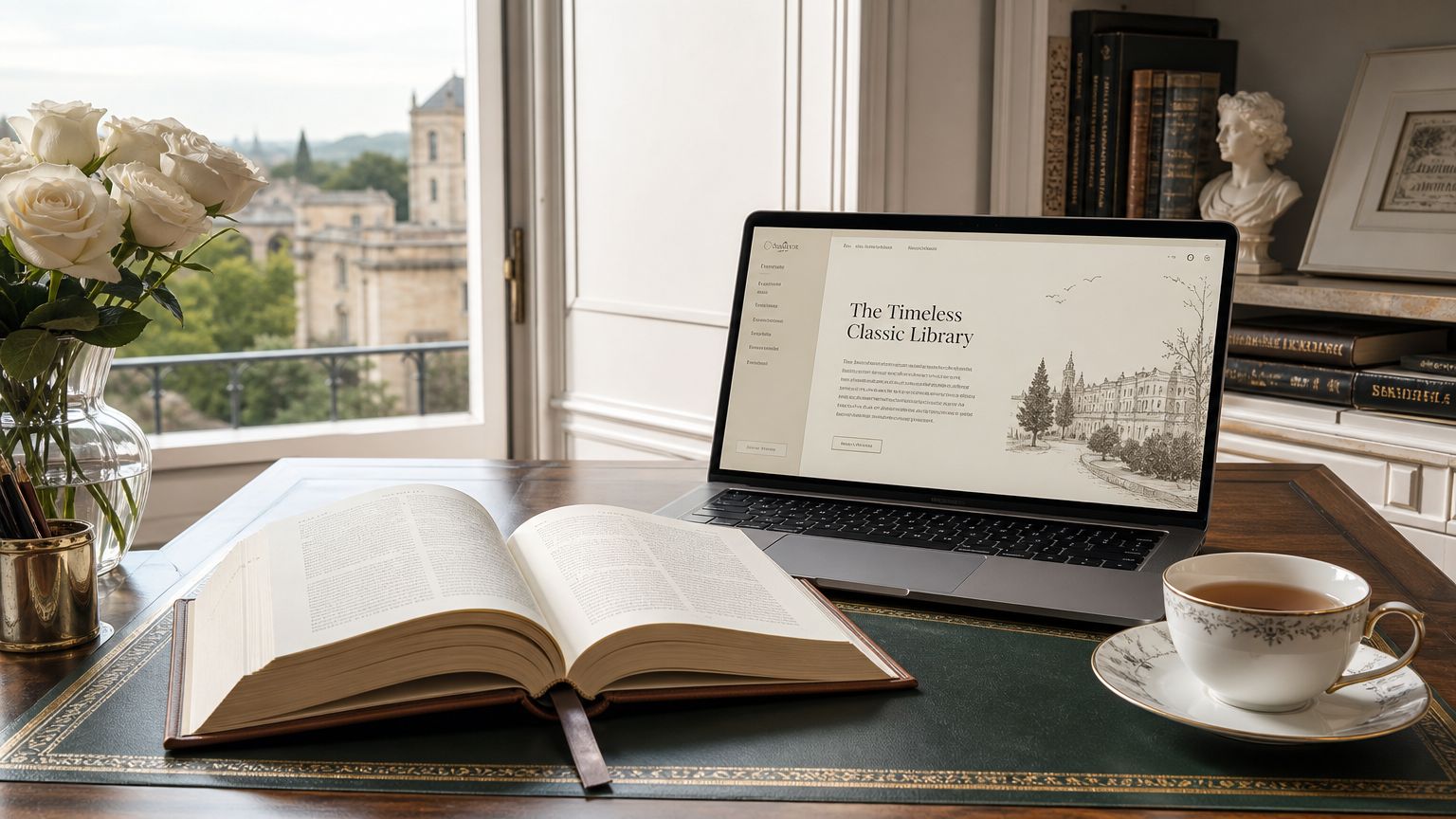 A sophisticated workspace with an open book, laptop, and tea, overlooking a scenic European building.
