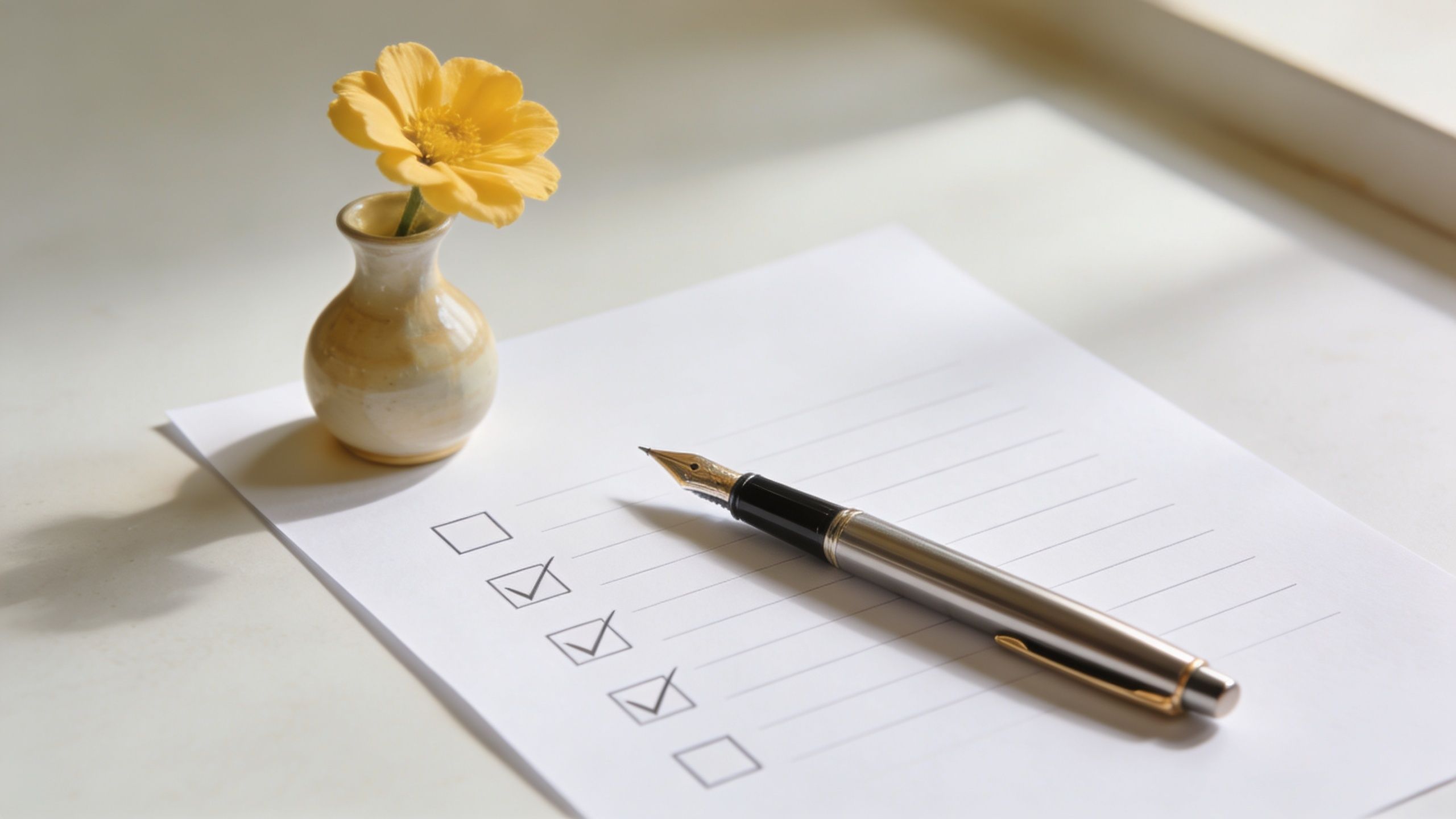 A yellow flower in a small vase next to a checklist and a fountain pen on paper.