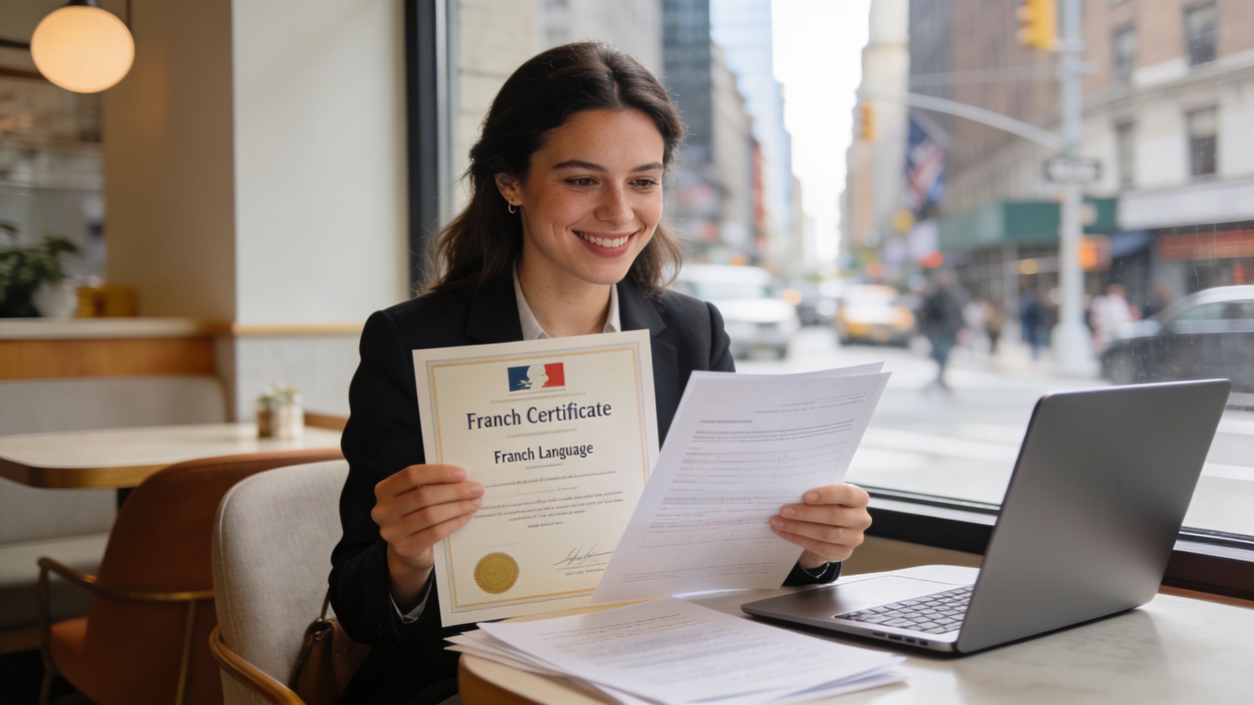 A smiling young woman sitting in a cafe holding a French language certificate and some documents.