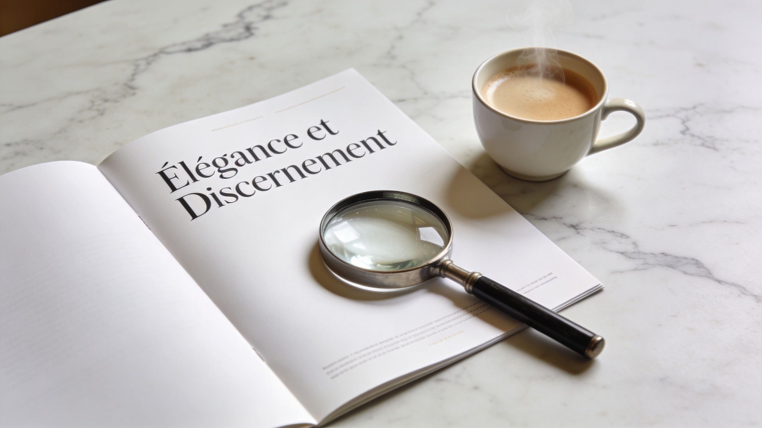 A magnifying glass resting on an open book titled Elegance et Discernement beside a steaming cup of coffee.