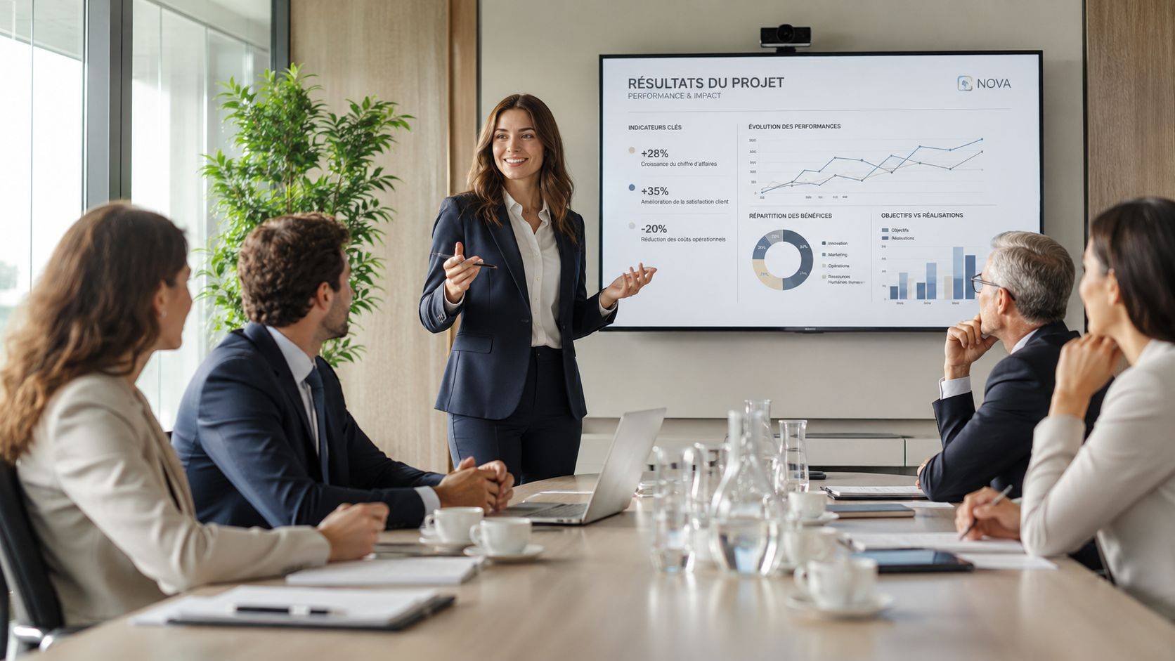 A businesswoman presenting project performance results to a professional team in a modern conference room.