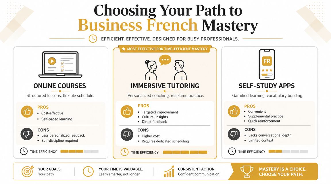 A comparative infographic outlining three methods for learning Business French: online courses, immersive tutoring, and self-study apps.