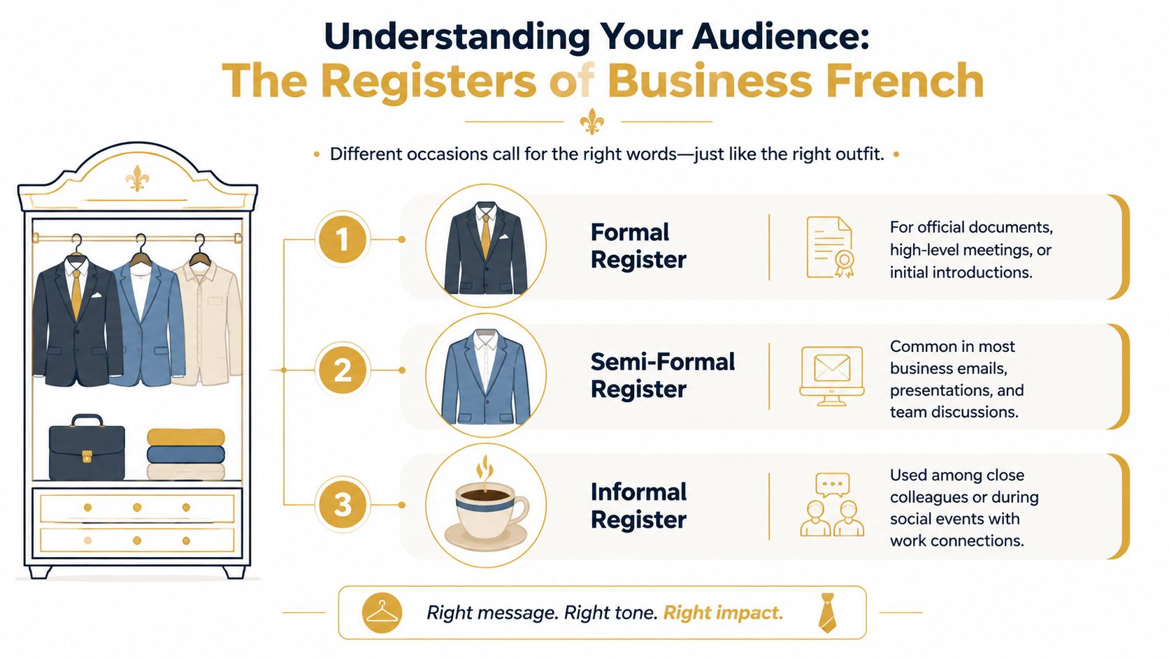 An infographic illustrating three registers of business French: formal, semi-formal, and informal, using clothing metaphors.