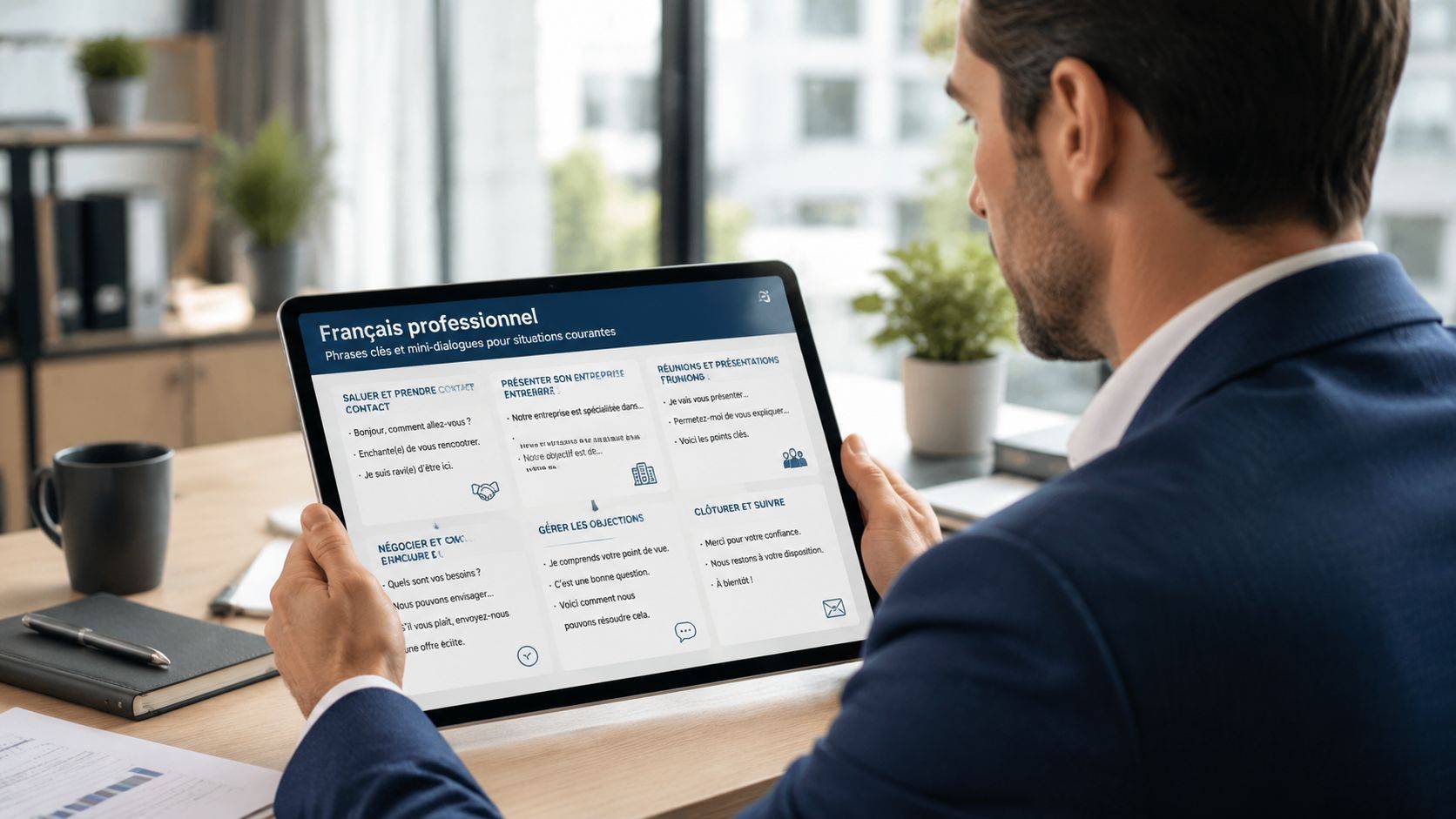 A businessman reviewing a digital tablet with professional French language phrases and business communication tips.