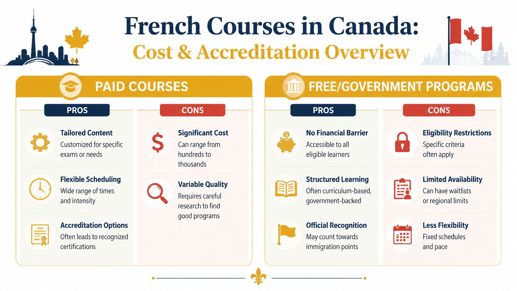 A comparison chart outlining the pros and cons of paid versus free government French courses in Canada.