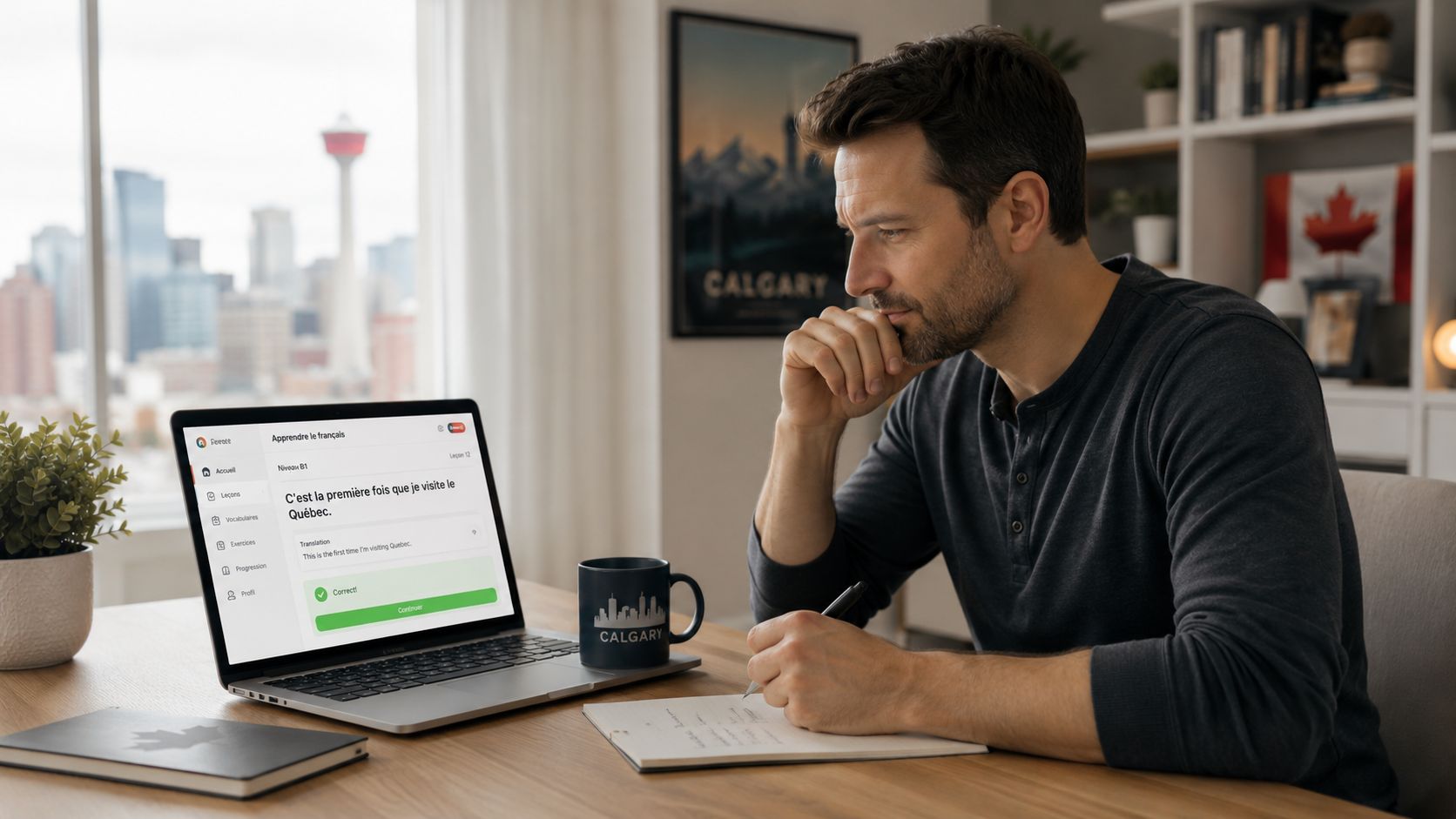 A man studies French courses online on his laptop at a wooden desk with a Calgary view.