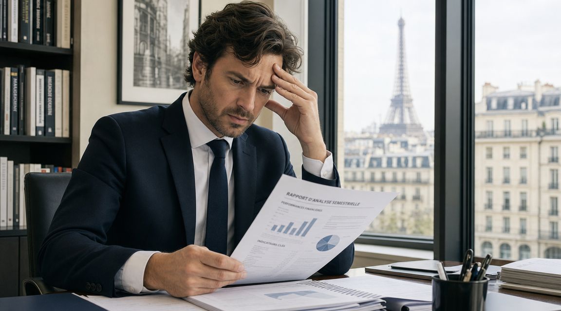 A concerned businessman analyzing financial reports in an office with the Eiffel Tower in the background.
