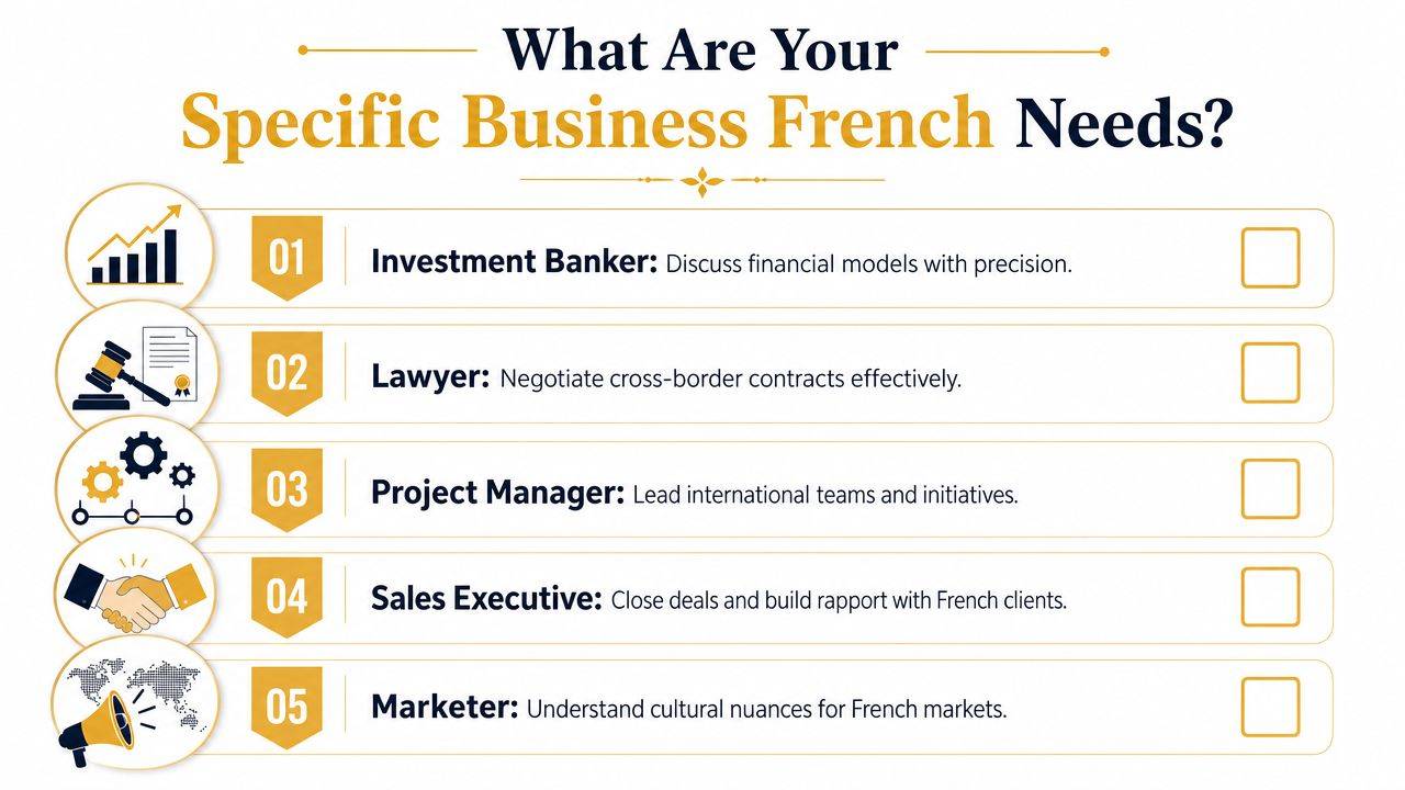 A list of five business roles showing specific goals for learning French for professional contexts.