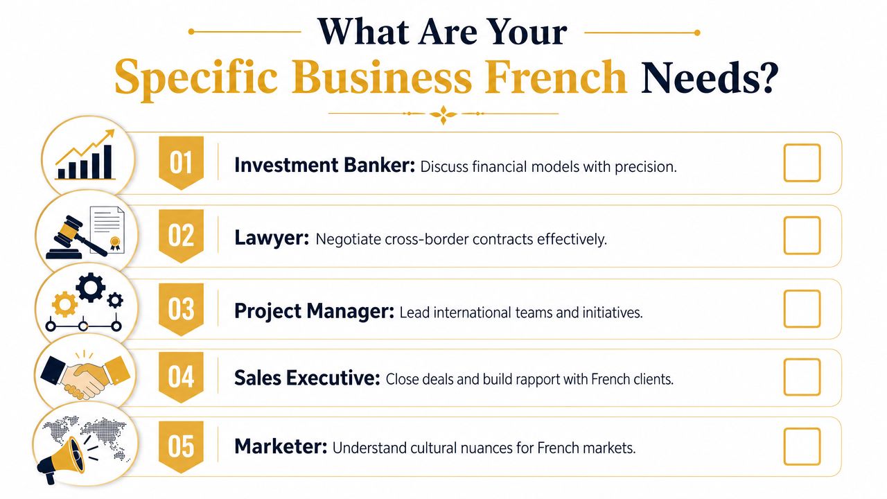 A list of five business roles showing specific goals for learning French for professional contexts.