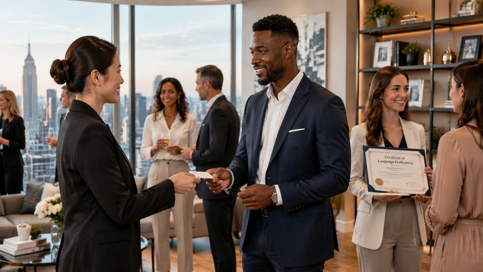 A professional man and woman exchanging business cards at a corporate networking event with a city skyline.