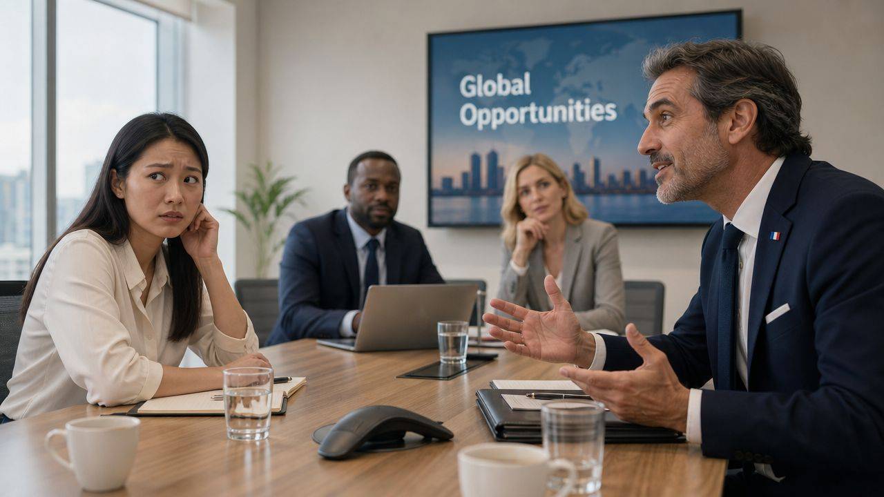 A professional business meeting with a diverse team discussing global opportunities in a modern office setting.
