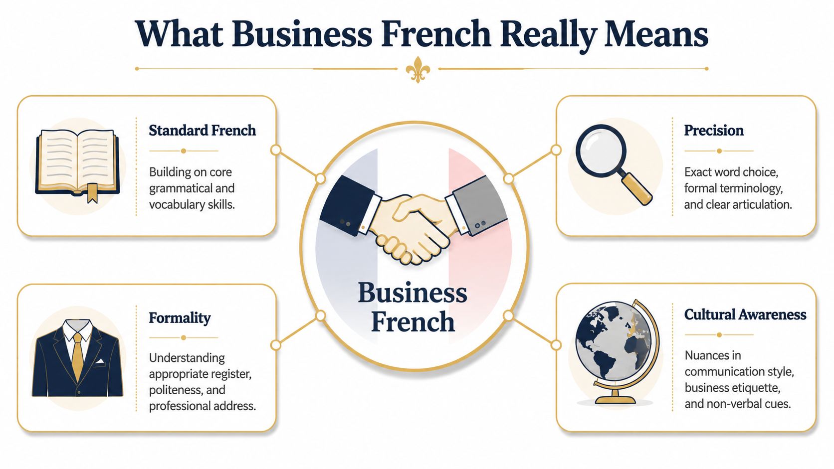 An infographic titled What Business French Really Means showing standard French, precision, formality, and cultural awareness.