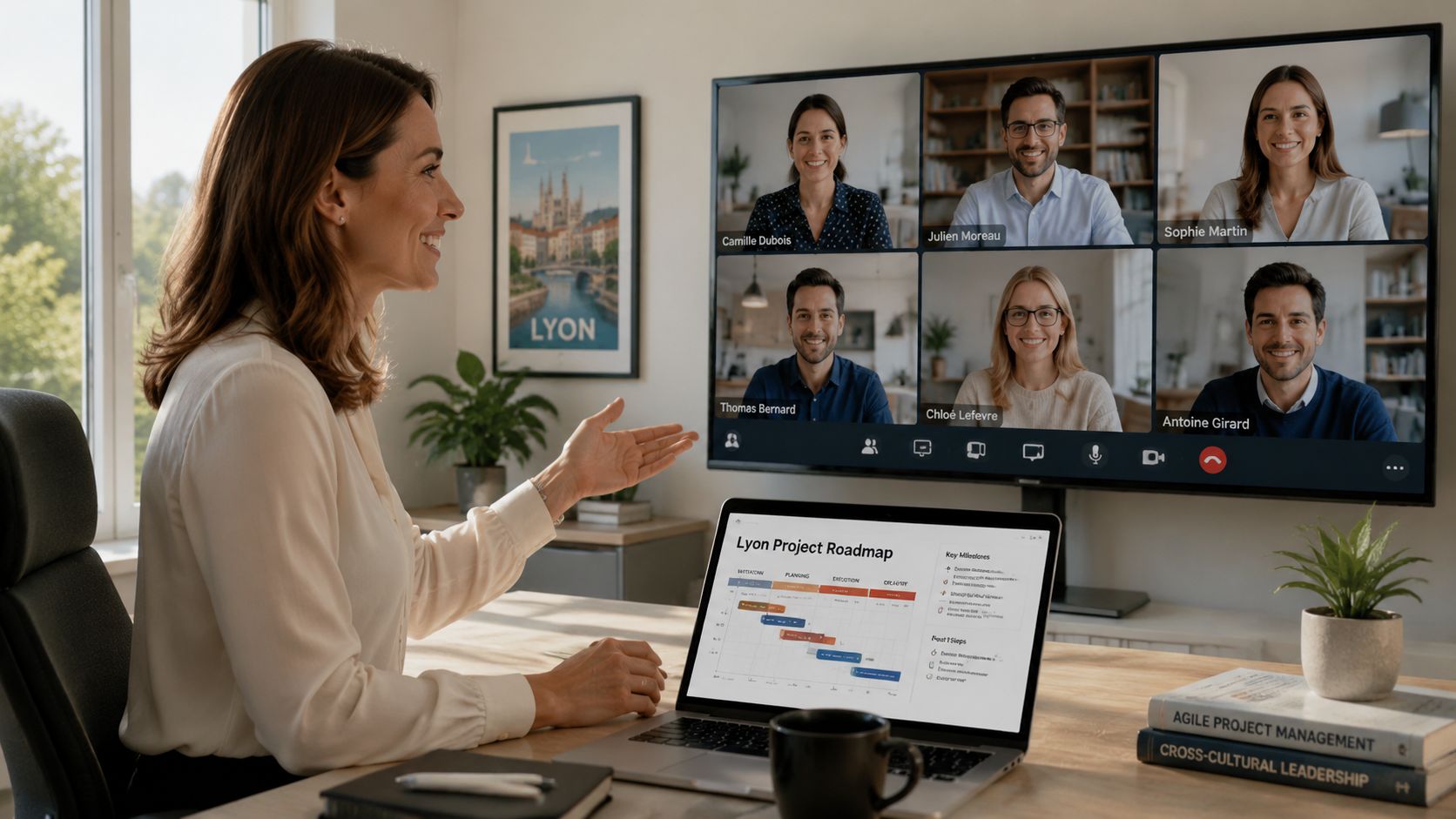 A professional woman participating in a virtual meeting about a French language business project roadmap.